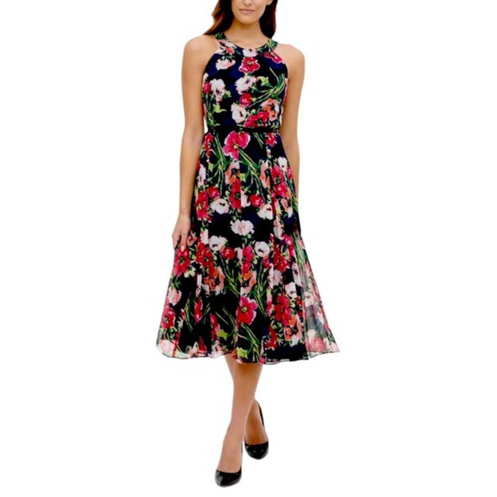 Tommy Hilfiger Belted Floral-Print Chiffon Halter Dress